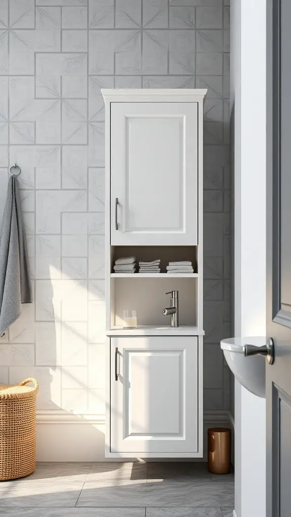 27+ Creative Bathroom Vanity Storage Ideas for an Organized Space 12 A tall white bathroom cabinet with open and closed storage, surrounded by a light gray wall.