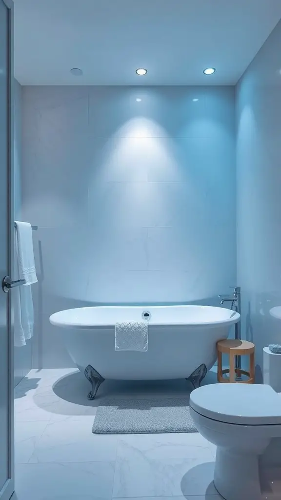 29+ Stunning Blue Bathroom Ideas You’ll Love 11 A modern bathroom with soft blue lighting highlighting a freestanding bathtub.