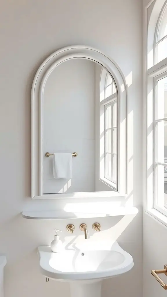 A bright bathroom featuring an arched mirror and large windows, enhancing natural light.