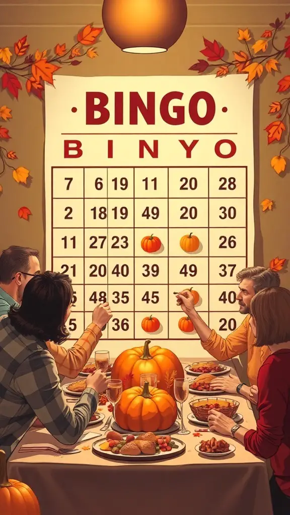 A Thanksgiving Bingo game with a Bingo card and family members enjoying a meal together.