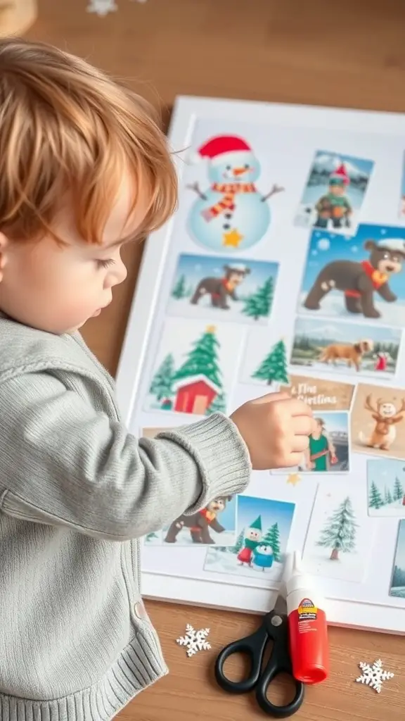 A toddler creating a winter-themed collage with pictures of snowmen, animals, and trees.