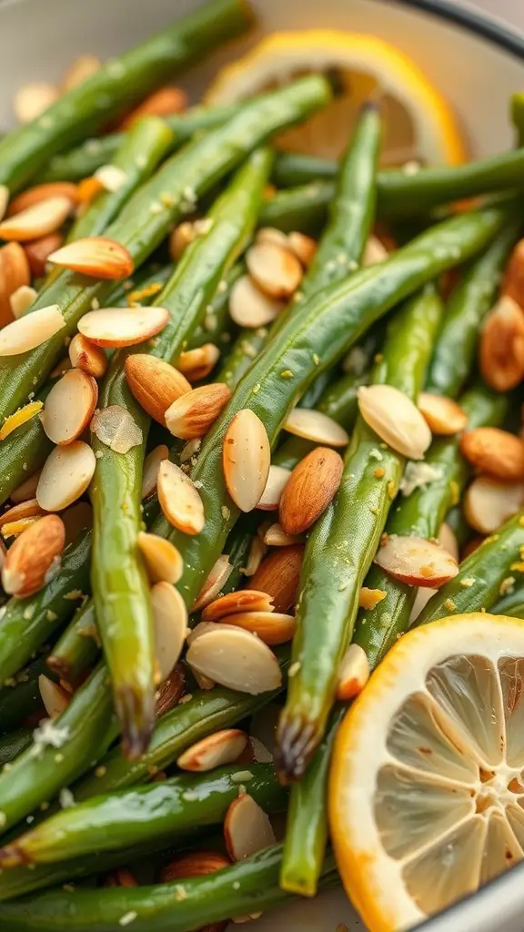 25+ Must-Have Dishes for Your Christmas Dinner Buffet 7 A close-up of green beans topped with toasted almonds and lemon slices.