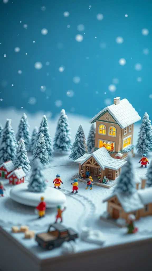 A winter wonderland diorama featuring snowy trees, a cozy house, and playful figures.