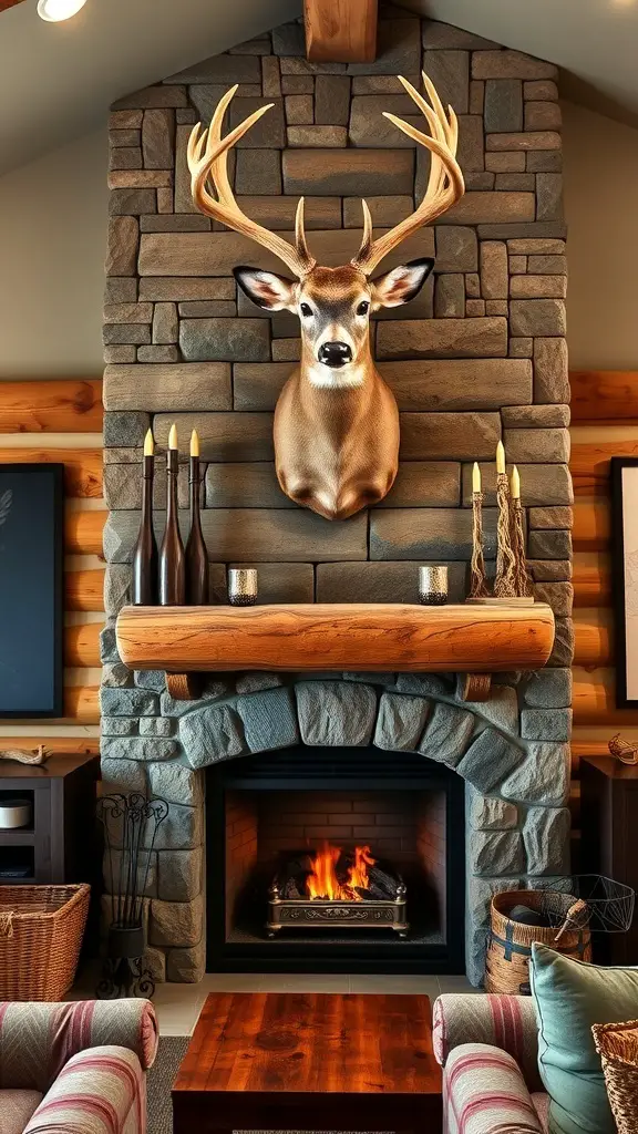 27+ Stunning Deer Mount Wall Arrangements for Every Home 4 A large deer mount displayed above a stone fireplace in a cozy living room.