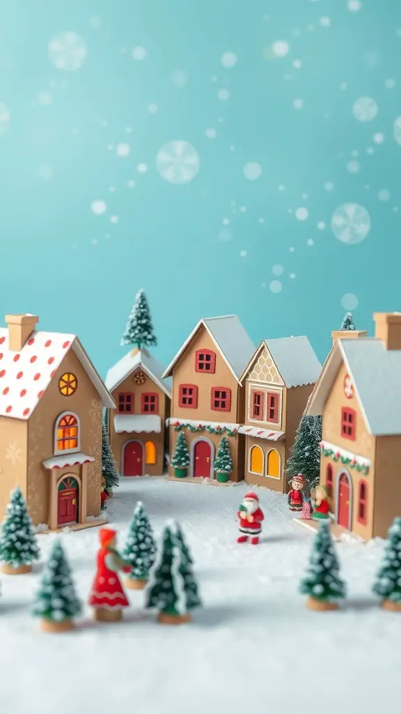 A colorful cardboard Christmas village with houses, trees, and figures