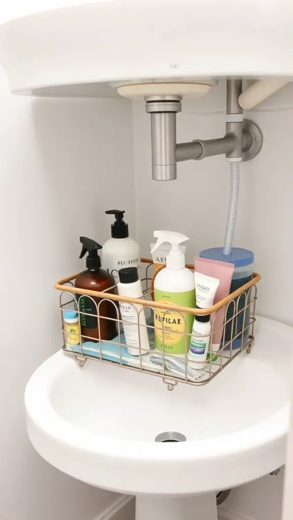 29+ Creative Bathroom Under Sink Organization Ideas You Need to Try 6 A wire caddy filled with various bathroom products under a sink.