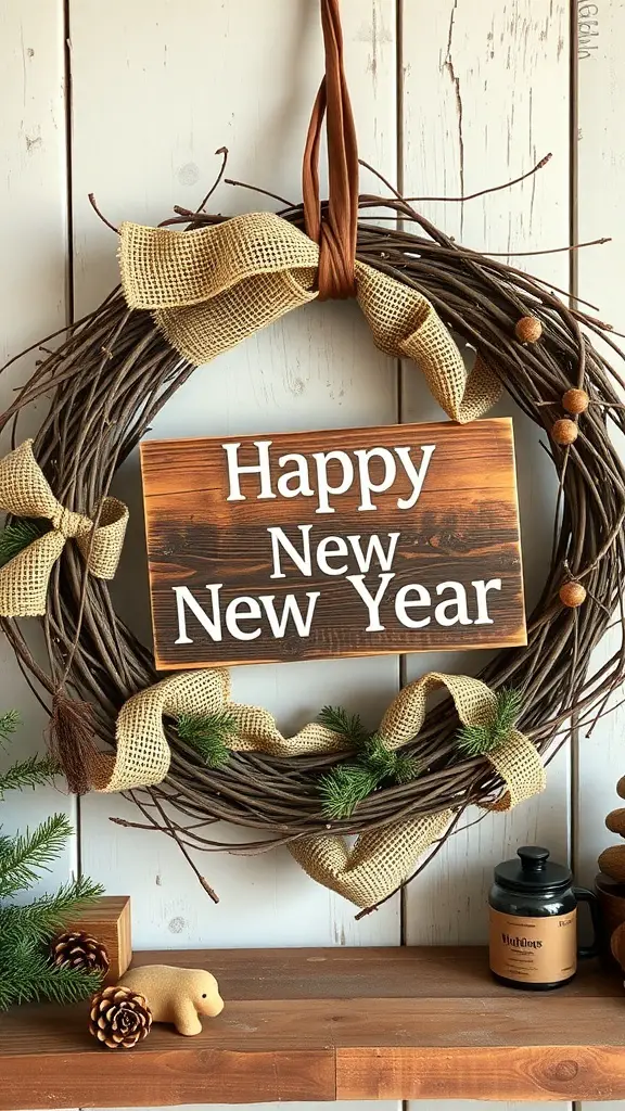 A rustic farmhouse style wreath with a wooden sign that says 'Happy New Year', decorated with burlap ribbons and greenery.