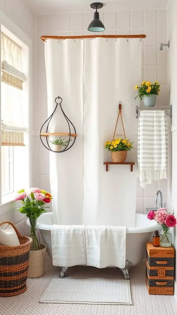25+ Stunning Boho Shower Curtain Ideas for a Unique Bathroom Decor 14 A rustic farmhouse bathroom featuring a white shower curtain, wooden accents, and plants.