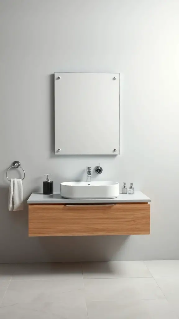 27+ Stunning Floating Vanity Ideas for Your Bathroom Renovation 6 A sleek modern floating vanity in a bathroom with a wooden cabinet and white countertop.