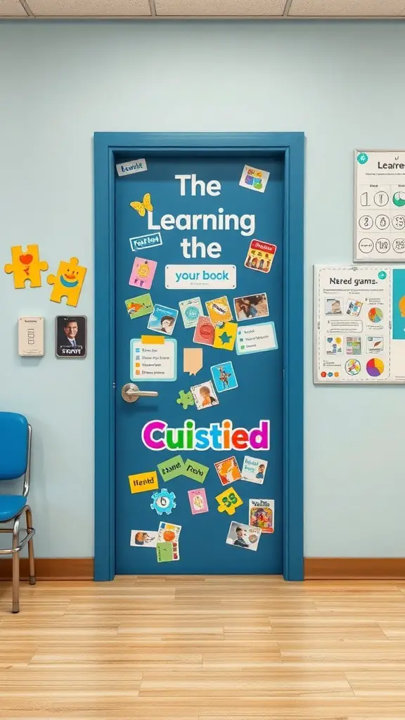 A colorful classroom door decorated with educational materials and stickers.