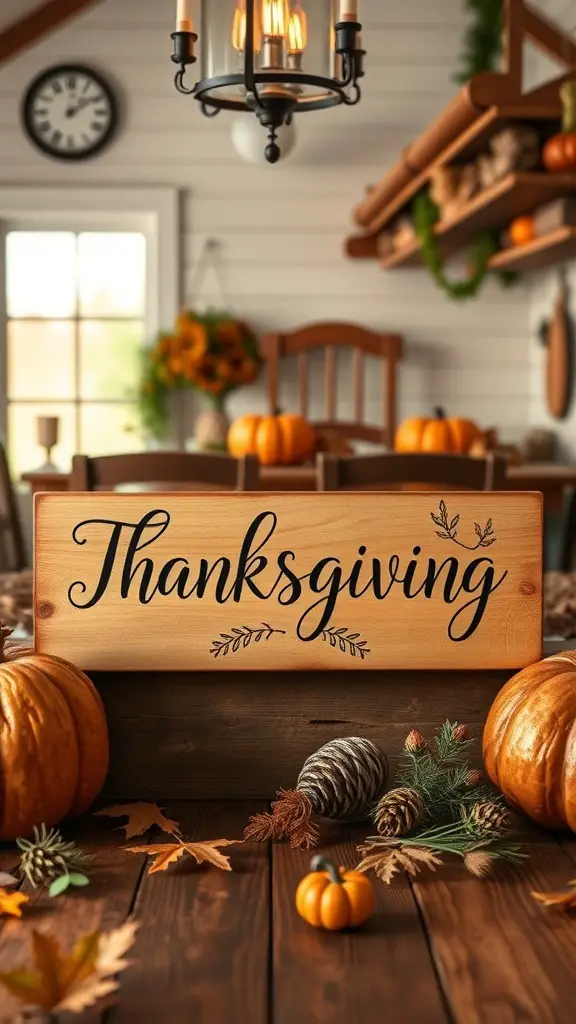 A handcrafted wooden sign reading 'Thanksgiving' surrounded by pumpkins and autumn decor.