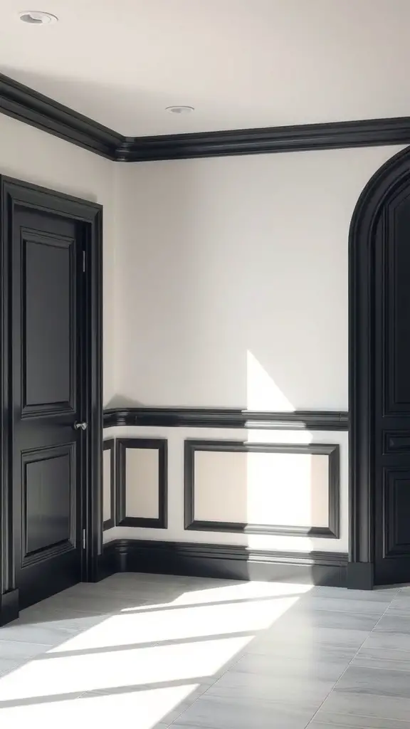 Interior corner with light walls and dark trim, showcasing elegant design.