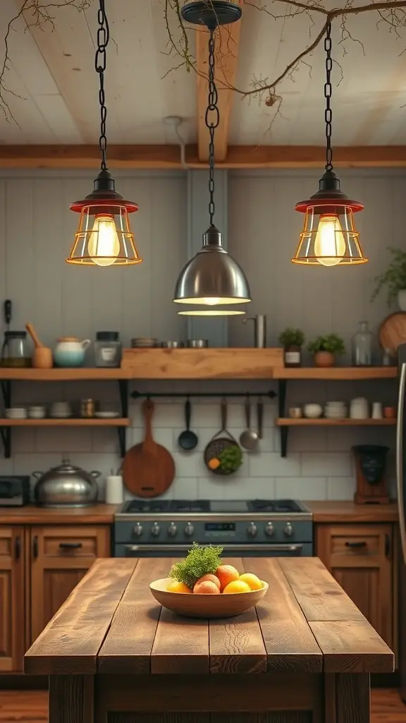 31+ Rustic Kitchen Design Ideas to Transform Your Space 2 Rustic kitchen with country-style pendant lighting fixtures above a wooden island