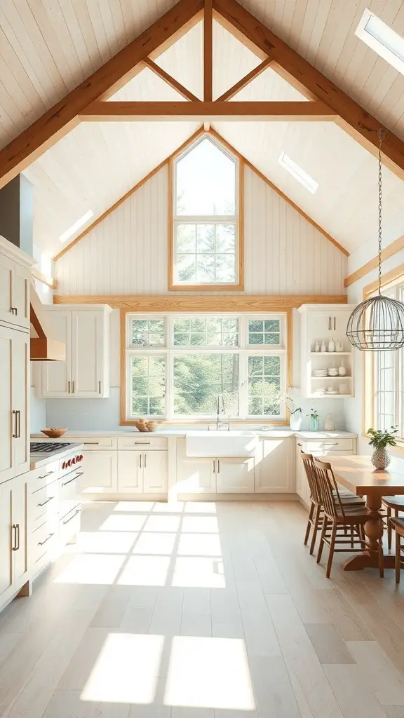 29+ Stunning Barndominium Kitchen Ideas You’ll Love 2 Bright and airy barndominium kitchen with wooden beams and large windows