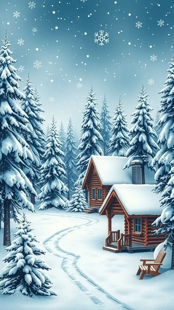 27+ Festive Christmas Cross Stitch Patterns to Brighten Your Holiday Season 8 A winter scene with snow-covered trees and cozy log cabins under a blue sky.