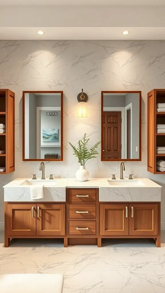 25+ Stunning Master Bath Ideas to Transform Your Space 2 A stylish double vanity in a master bath featuring wooden cabinetry, marble countertop, and decorative mirrors.