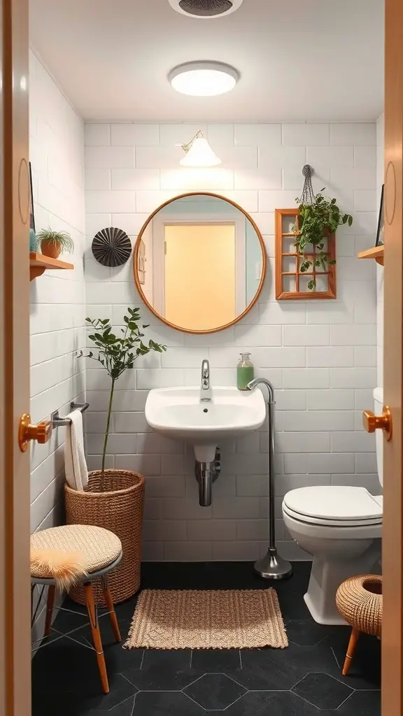 27+ Stunning Mid Century Modern Bathroom Ideas You'll Love 2 A mid-century modern bathroom featuring a round mirror, wall decor, plants, and woven accessories.