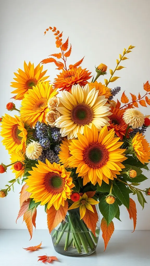 A colorful fall floral arrangement featuring sunflowers and autumn leaves.