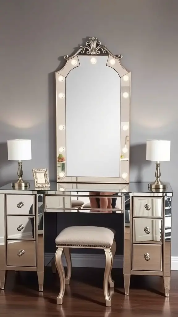 27+ Stylish Vanity Mirror Ideas to Elevate Your Space 14 A stylish vanity mirror with lights, accompanied by a mirrored vanity and a soft stool.