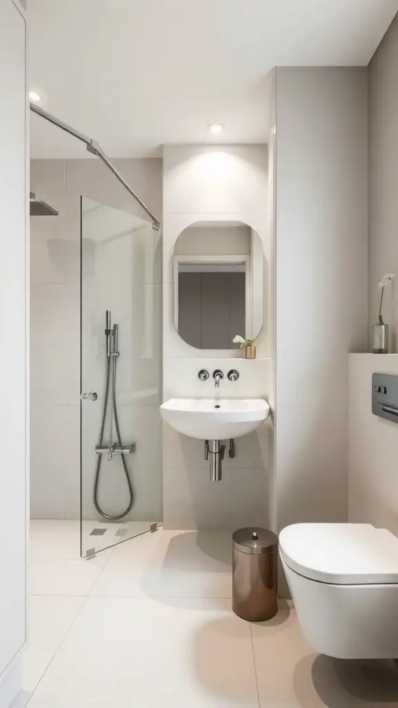 29+ Stunning Guest Bathroom Ideas to Elevate Your Space 2 A chic minimalist guest bathroom featuring a glass shower, floating sink, and neutral colors.