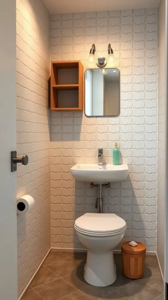 25+ Chic Half Bathroom Ideas to Refresh Your Space 2 Compact half bathroom with wall-mounted sink, modern toilet, and open shelf.