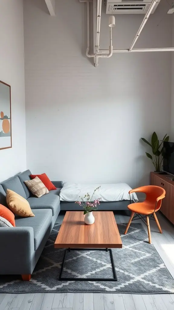 27+ Inspiring Small Garage Apartment Ideas for Cozy Living 3 A small living area featuring a gray sofa, orange chair, wooden coffee table, and decorative elements.