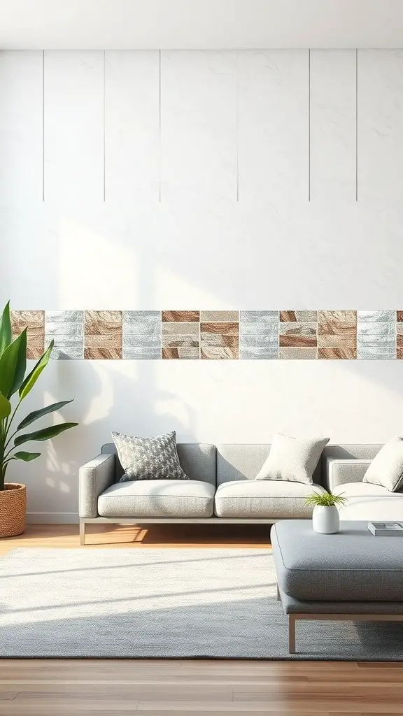 29+ Creative Wall Tile Accent Strip Ideas for Stunning Interiors 3 A modern living room featuring a wall with metallic finish tile accent strips.