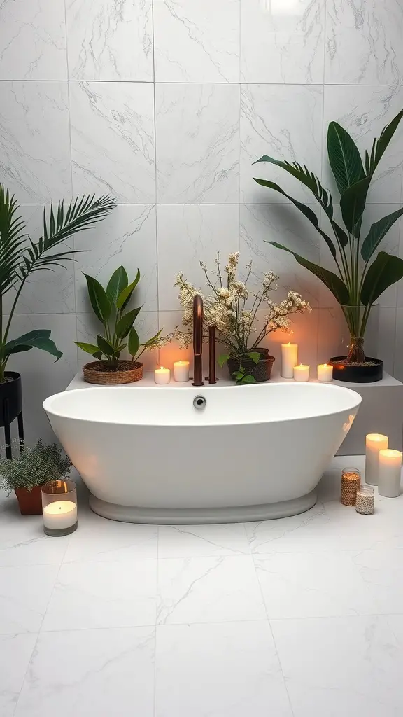 25+ Chic White Bathroom Ideas for a Timeless Look 2 Chic white bathtub surrounded by plants and candles