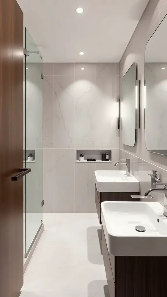 29+ Stunning Guest Bathroom Ideas to Elevate Your Space 7 A modern guest bathroom featuring dual sinks, sleek fixtures, and a glass shower.