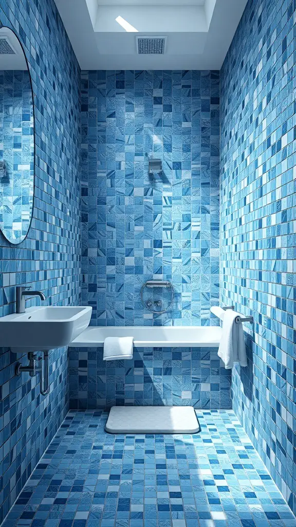 29+ Stunning Blue Bathroom Ideas You’ll Love 2 A blue mosaic tiled bathroom with a modern sink and skylight.