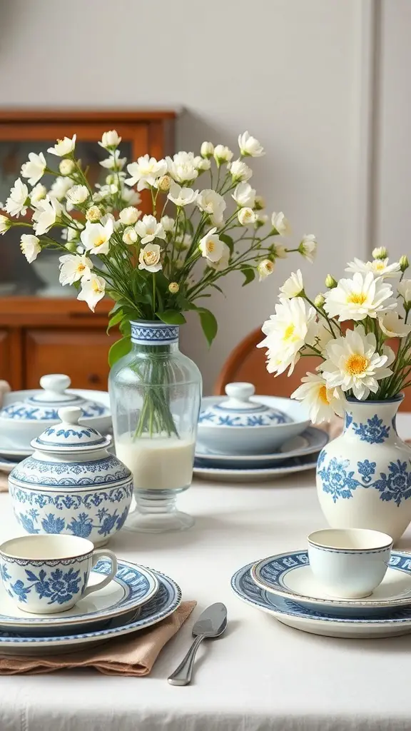 A beautifully arranged Thanksgiving table featuring blue and white porcelain dinnerware and fresh flowers.