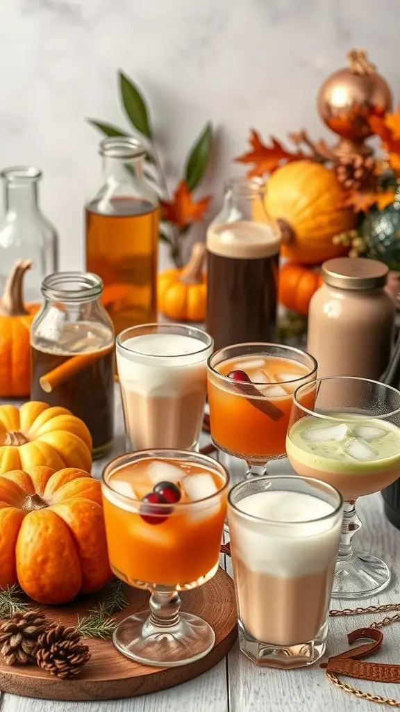 A festive drink station with various colorful beverages, mini pumpkins, and seasonal decorations.