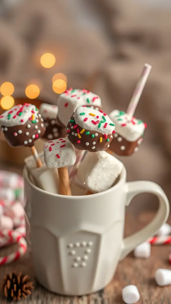 29+ Fun and Festive Christmas Snacks for Kids 5 Colorful hot chocolate marshmallow pops in a mug, surrounded by mini marshmallows and candy canes.