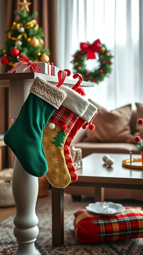 25+ Creative Christmas Coffee Table Decor Ideas to Elevate Your Holiday Style 16 Colorful Christmas stockings hanging from a table, with a festive background including a Christmas tree and wreath.