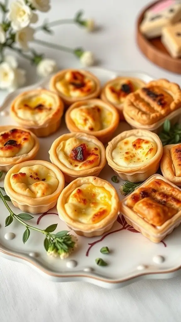 29+ Festive Grazing Table Ideas for a Perfect Christmas Celebration 12 A platter of miniature savory pastries with a variety of fillings, surrounded by fresh herbs and flowers.