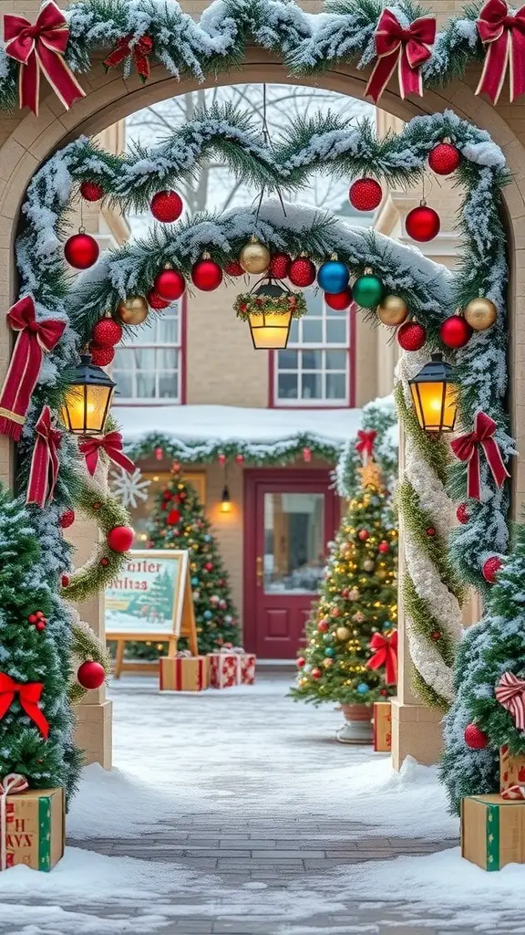 A beautifully decorated Christmas archway with greenery, ornaments, and lanterns, leading to a snowy pathway lined with Christmas trees and gifts.