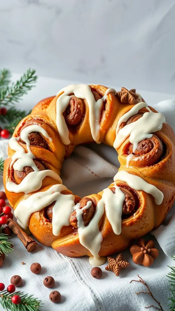 A cinnamon roll wreath drizzled with cream cheese glaze, surrounded by festive decorations.