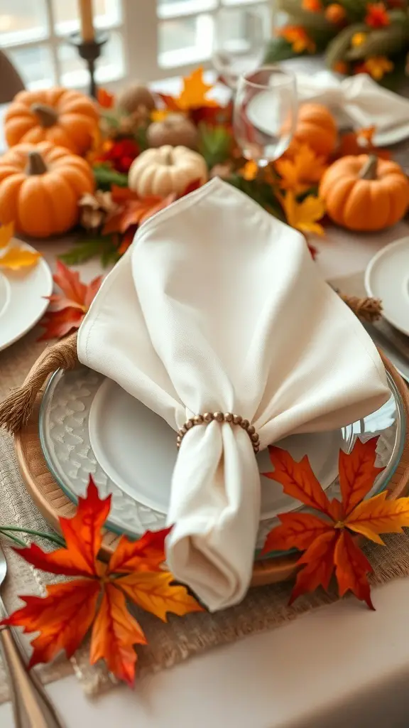 A classic fan fold napkin on a Thanksgiving table, surrounded by autumn leaves and pumpkins.