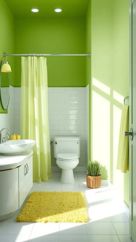 23+ Inspiring Green Bathroom Ideas for a Refreshing Makeover 2 A bright lime green bathroom with yellow accents and a potted plant.