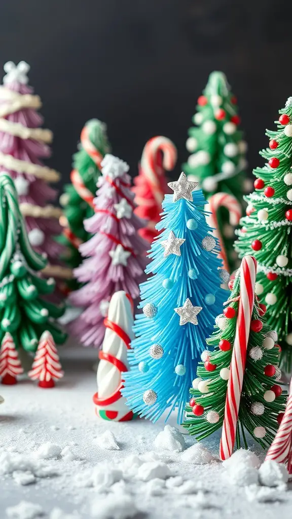 Colorful candy cane themed Christmas trees with various decorations