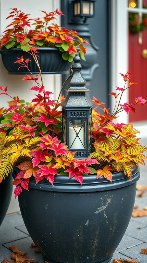 A black planter filled with vibrant red and yellow foliage, featuring a classic lantern accent.