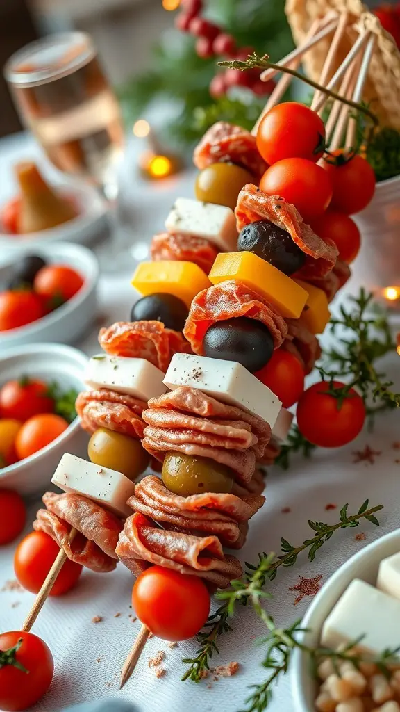 27+ Delicious Christmas Appetizers to Impress Your Guests 12 Colorful antipasto skewers with cherry tomatoes, olives, cheese, and salami on a festive table.