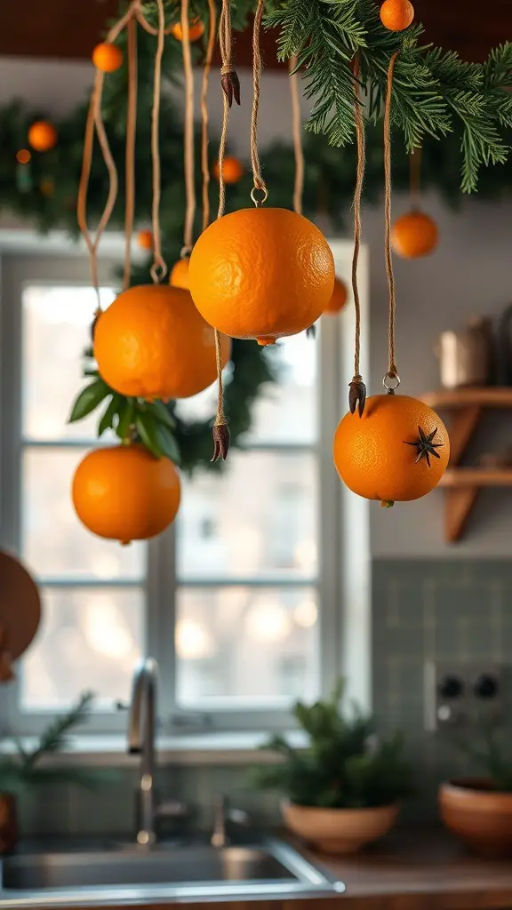 Hanging oranges with cloves as Christmas decorations in a cozy kitchen