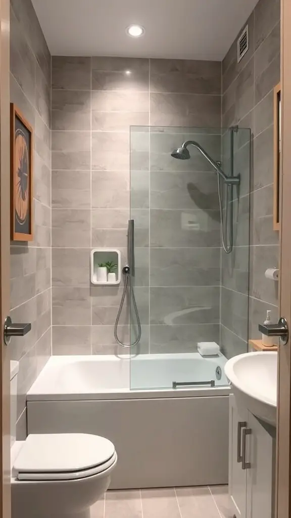 29+ Stunning Tiny Bathroom Layouts for Small Spaces 4 Compact bathroom featuring a shower and tub combination with modern design elements.