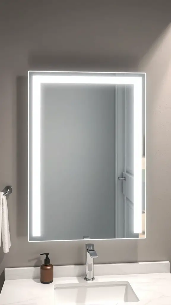 27+ Stylish Vanity Mirror Ideas to Elevate Your Space 2 A minimalist LED vanity mirror with a rectangular shape and bright LED border.