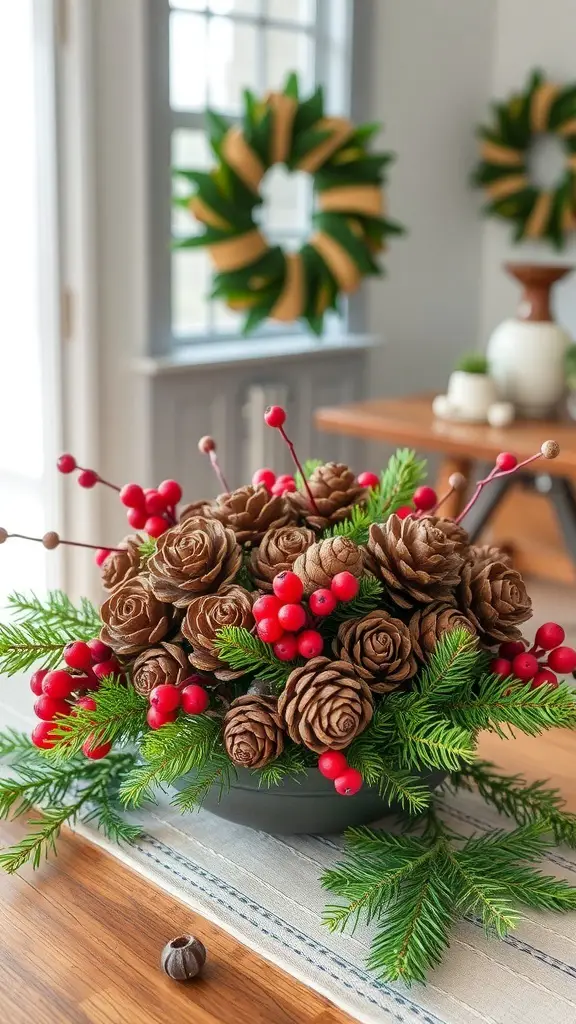25+ Christmas Entryway Decor Ideas to Transform Your Home 11 A beautiful centerpiece made of pinecones and red berries, surrounded by greenery, set on a wooden table.