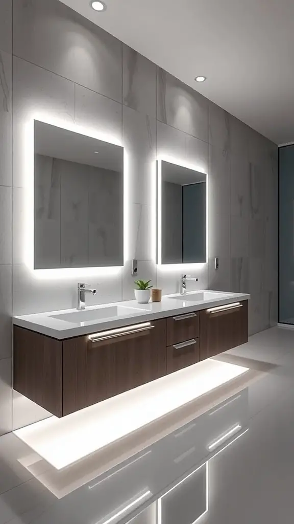 25+ Stunning Double Vanity Lighting Ideas for Your Bathroom 2 Modern bathroom with double vanity and LED strip lighting around mirrors