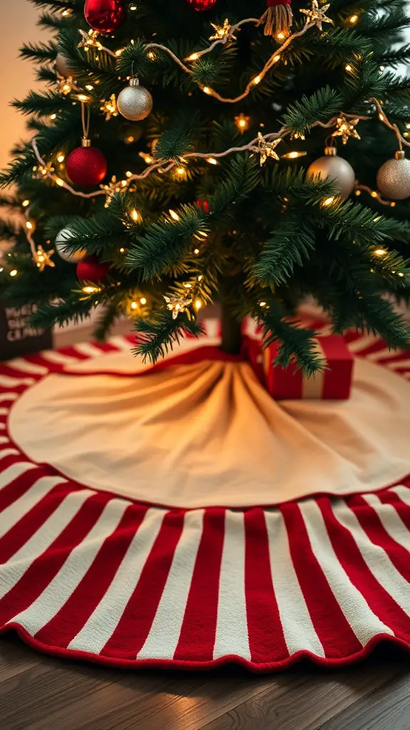 23+ Unique Christmas Tree Skirt Ideas for a Festive Touch 5 A Christmas tree with a red and white striped skirt, decorated with ornaments and lights.