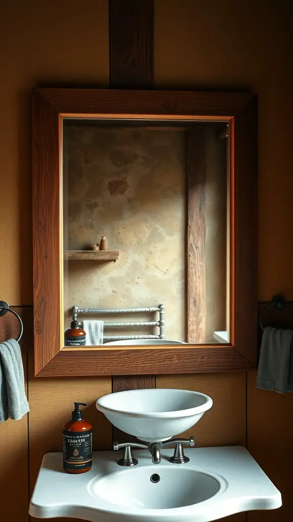 A rustic bathroom featuring a wooden framed mirror above a white sink, with natural stone walls and warm tones.