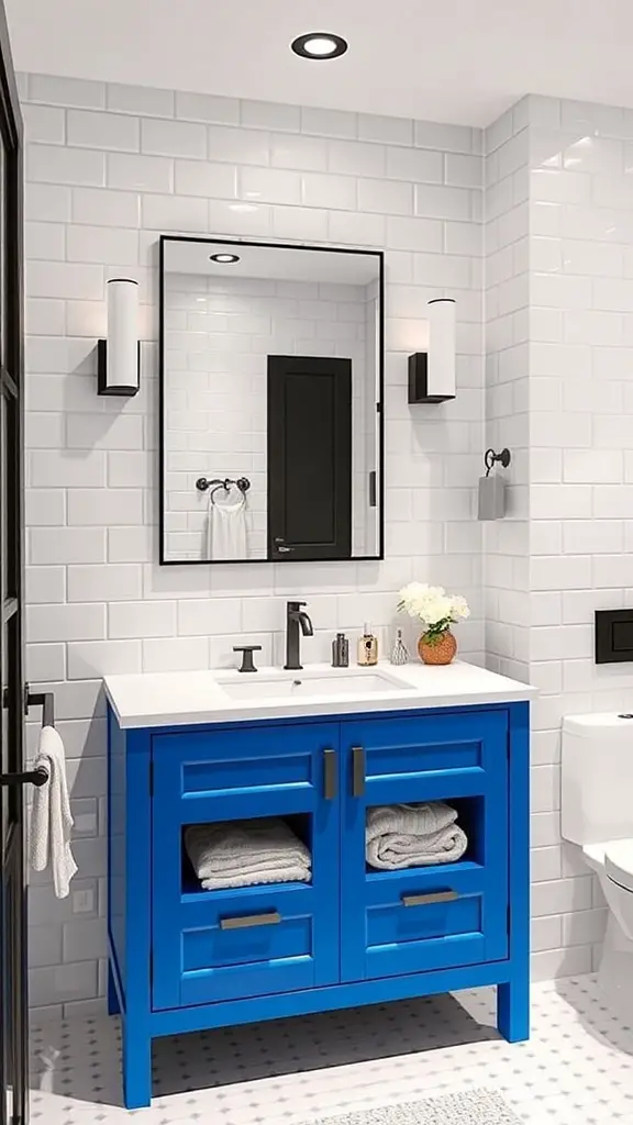 27+ Stunning Floating Vanity Ideas for Your Bathroom Renovation 2 A modern bathroom featuring a bold blue floating vanity against white tiled walls.